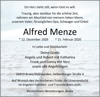 Traueranzeige von Alfred Menze von Nordwest-Zeitung