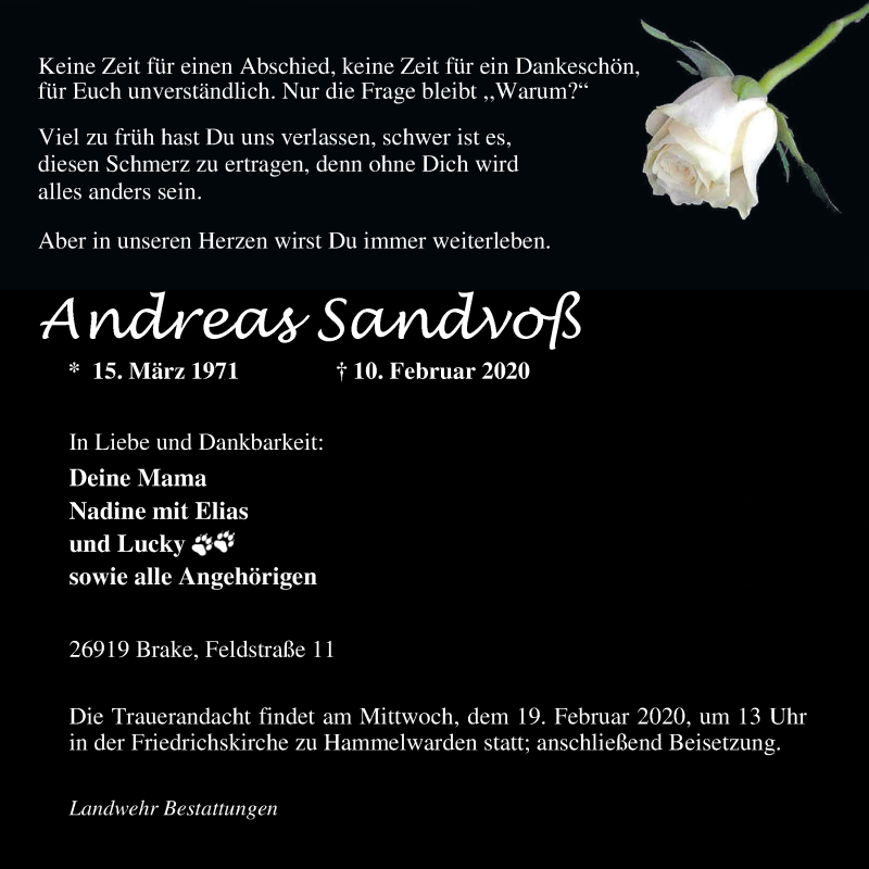  Traueranzeige für Andreas Sandvoß vom 15.02.2020 aus Nordwest-Zeitung