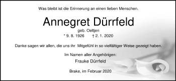 Traueranzeige von Annegret Dürrfeld von Nordwest-Zeitung