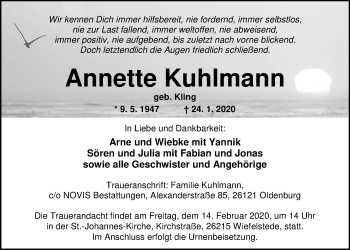 Traueranzeige von Annette Kuhlmann von Nordwest-Zeitung