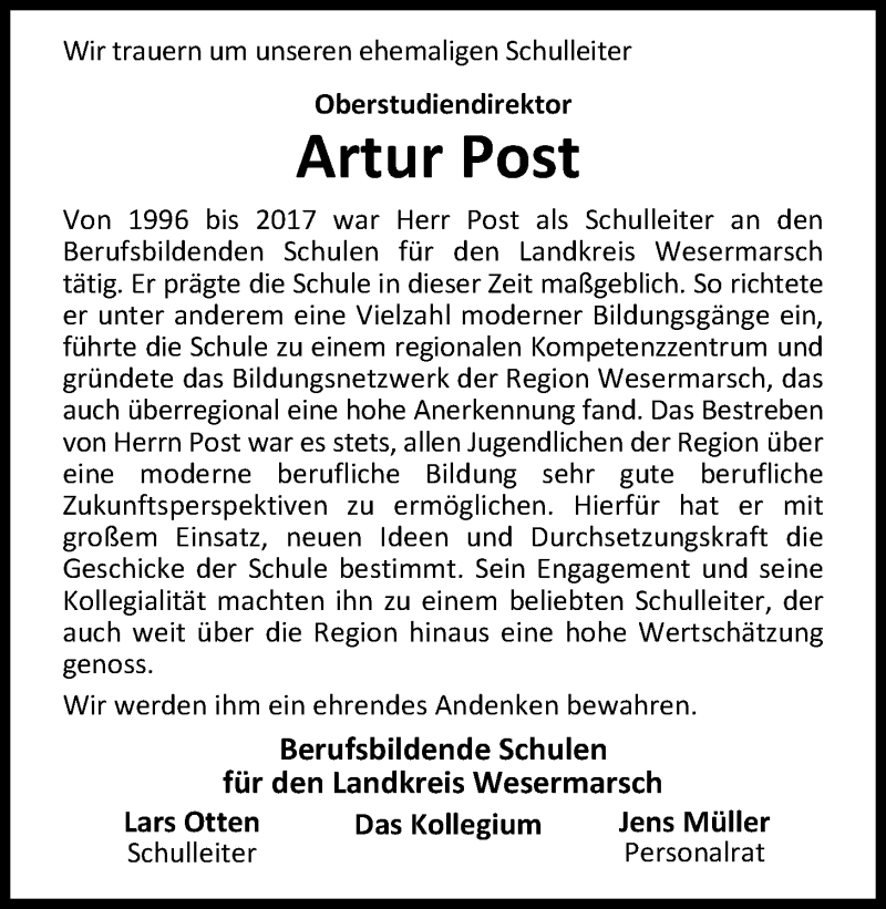  Traueranzeige für Artur Post vom 08.02.2020 aus Nordwest-Zeitung