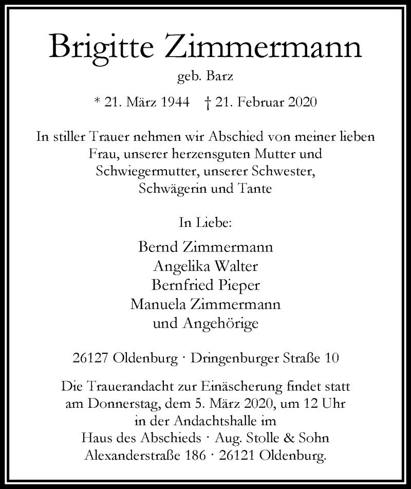 Traueranzeige für Brigitte Zimmermann vom 29.02.2020 aus Nordwest-Zeitung