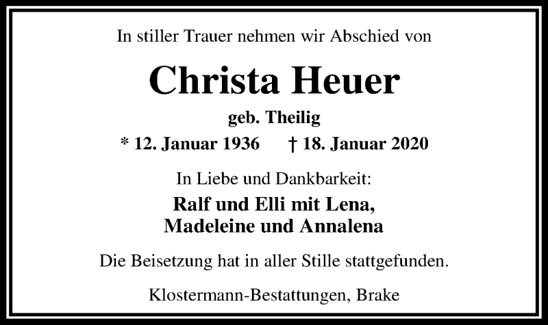  Traueranzeige für Christa Heuer vom 01.02.2020 aus Nordwest-Zeitung