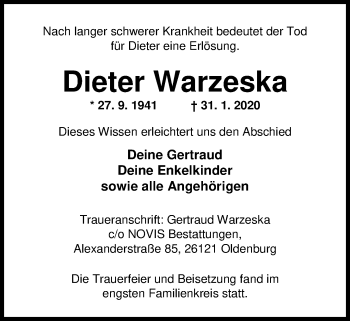 Traueranzeige von Dieter Warzeska von Nordwest-Zeitung