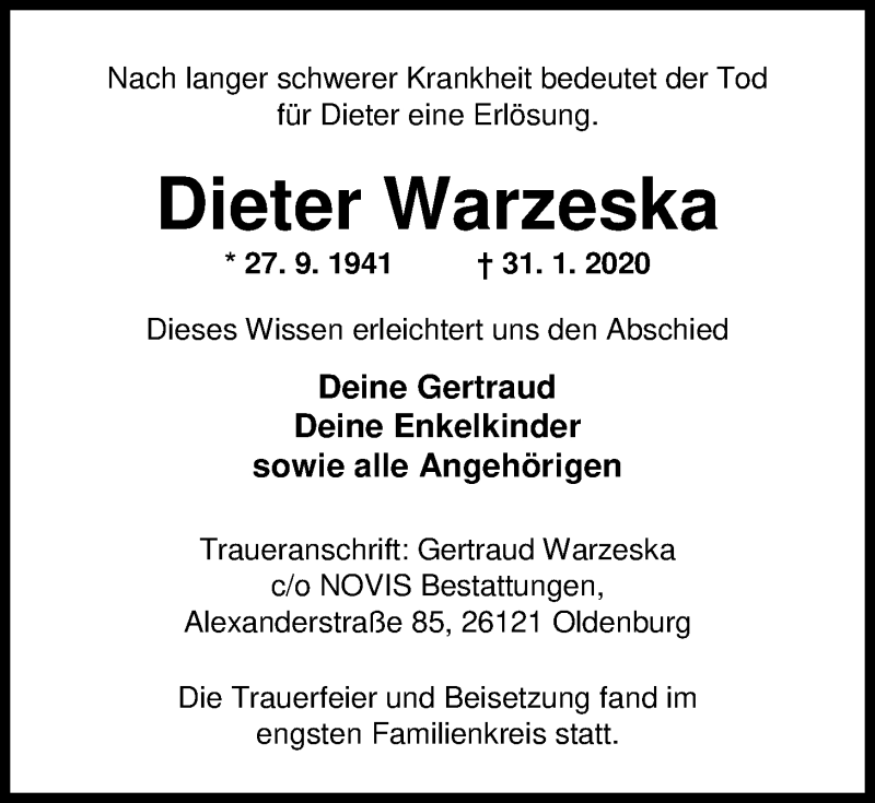  Traueranzeige für Dieter Warzeska vom 20.02.2020 aus Nordwest-Zeitung