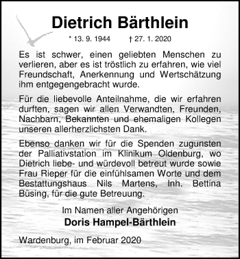 Traueranzeige von Dietrich Bärthlein von Nordwest-Zeitung