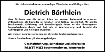 Traueranzeige von Dietrich Bärthlein von Nordwest-Zeitung