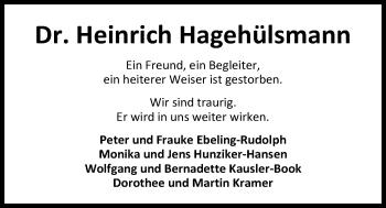 Traueranzeige von Dr. Heinrich Hagehülsmann von Nordwest-Zeitung