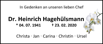 Traueranzeige von Dr. Heinrich Hagehülsmann von Nordwest-Zeitung