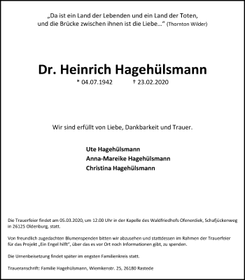 Traueranzeige von Dr. Heinrich Hagehülsmann von Nordwest-Zeitung