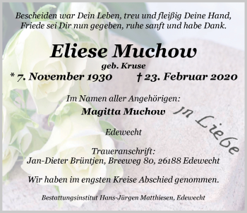 Traueranzeige von Eliese Muchow von Nordwest-Zeitung