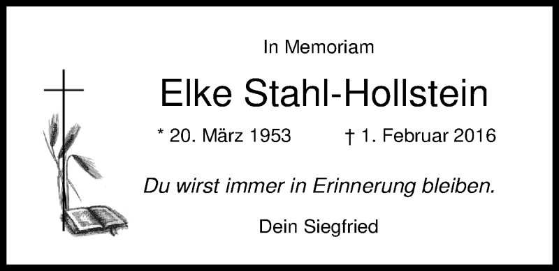  Traueranzeige für Elke Stahl-Hollstein vom 01.02.2020 aus Nordwest-Zeitung