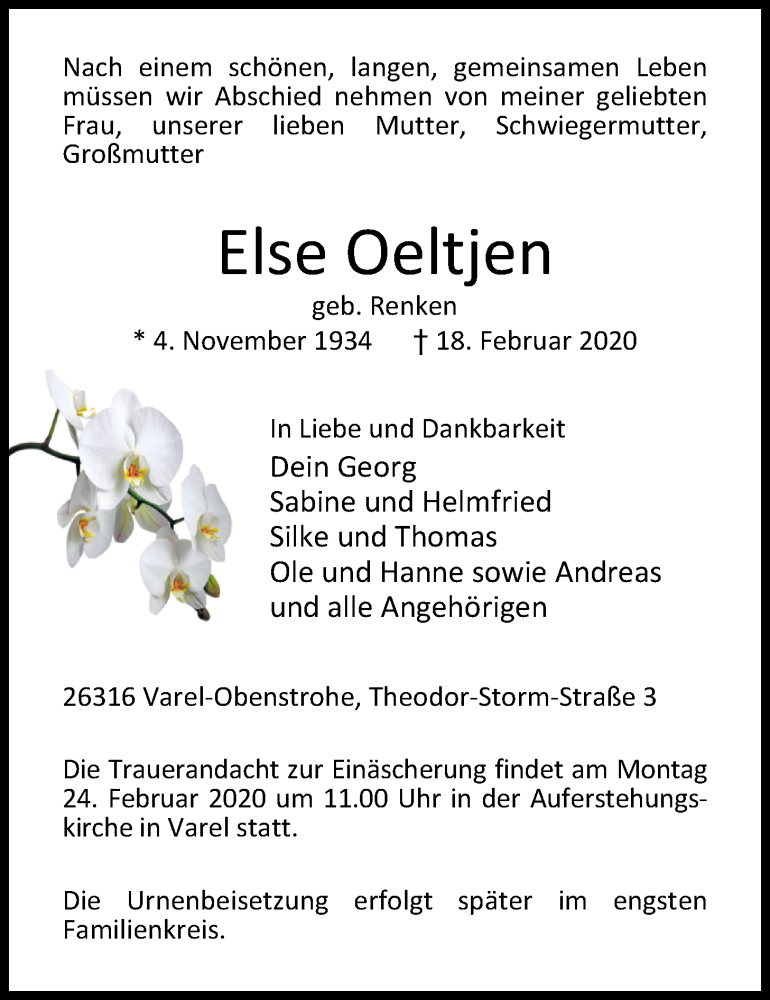  Traueranzeige für Else Oeltjen vom 20.02.2020 aus Nordwest-Zeitung