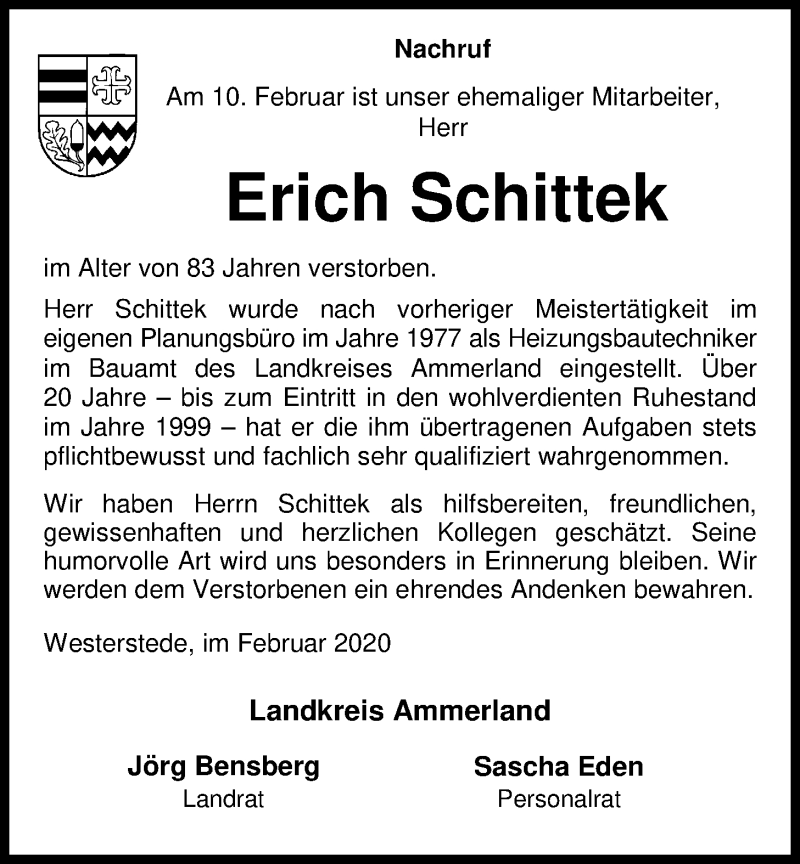  Traueranzeige für Erich Schittek vom 15.02.2020 aus Nordwest-Zeitung