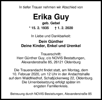 Traueranzeige von Erika Guy von Nordwest-Zeitung