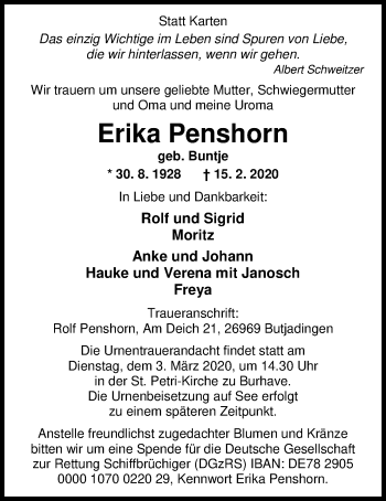 Traueranzeige von Erika Penshorn von Nordwest-Zeitung