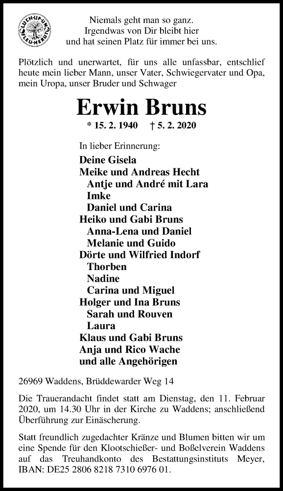  Traueranzeige für Erwin Bruns vom 08.02.2020 aus Nordwest-Zeitung