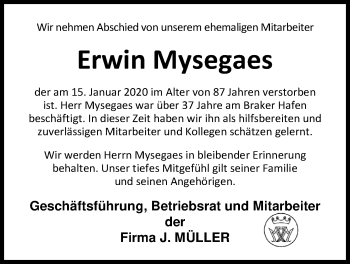 Traueranzeige von Erwin Mysegaes von Nordwest-Zeitung