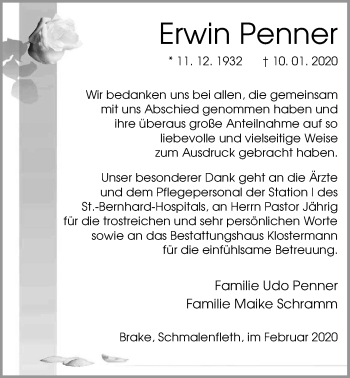 Traueranzeige von Erwin Penner von Nordwest-Zeitung