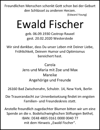 Traueranzeige von Ewald Fischer von Nordwest-Zeitung