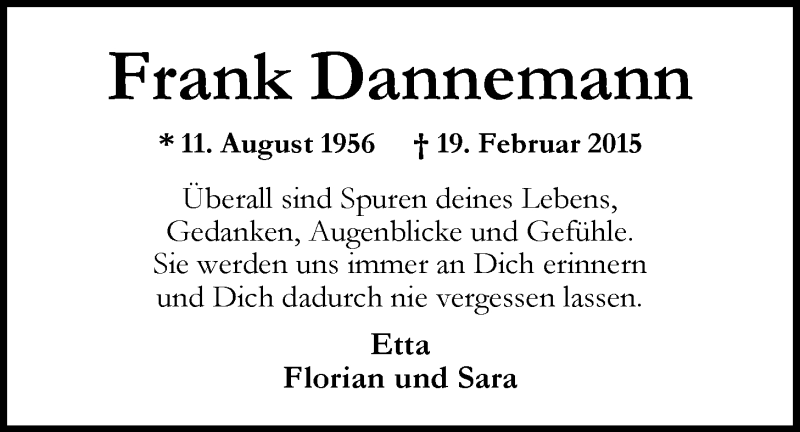  Traueranzeige für Frank Dannemann vom 15.02.2020 aus Nordwest-Zeitung