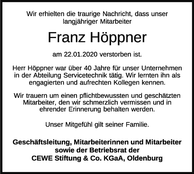 Traueranzeige für Franz Höppner vom 01.02.2020 aus Nordwest-Zeitung