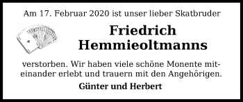 Traueranzeige von Friedrich Hemmieoltmanns von Nordwest-Zeitung