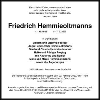 Traueranzeige von Friedrich Hemmieoltmanns von Nordwest-Zeitung