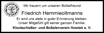 Traueranzeige von Friedrich Hemmieoltmanns von Nordwest-Zeitung