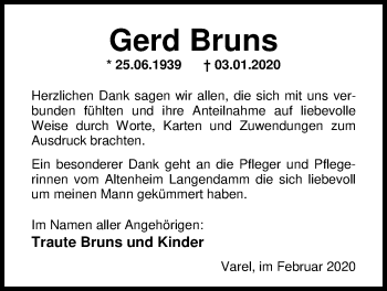 Traueranzeige von Gerd Bruns von Nordwest-Zeitung