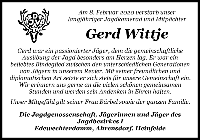  Traueranzeige für Gerd Wittje vom 12.02.2020 aus Nordwest-Zeitung