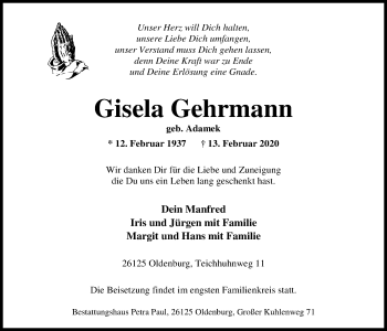 Traueranzeigen von Gisela Gehrmann | nordwest-trauer.de
