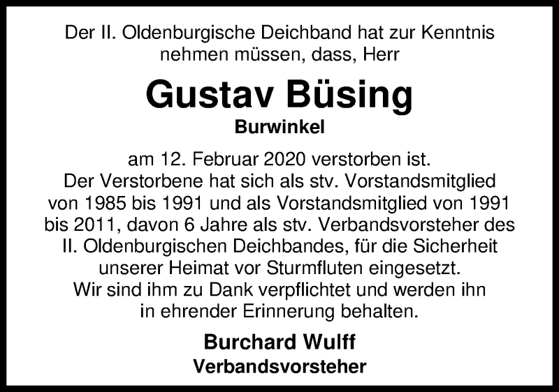  Traueranzeige für Gustav Büsing vom 15.02.2020 aus Nordwest-Zeitung