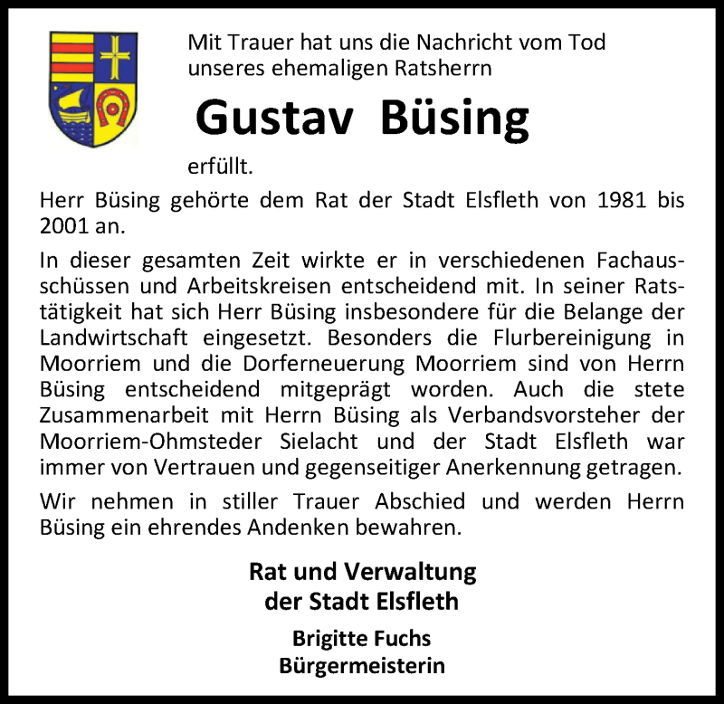  Traueranzeige für Gustav Büsing vom 15.02.2020 aus Nordwest-Zeitung