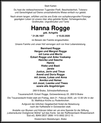 Traueranzeige von Hanna Rogge von Nordwest-Zeitung