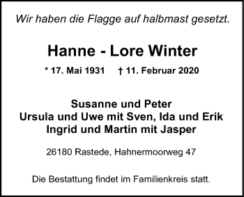 Traueranzeige von Hanne-Lore Winter von Nordwest-Zeitung