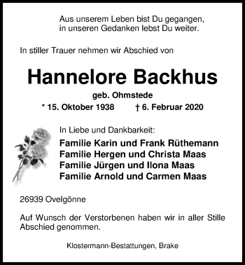 Traueranzeige von Hannelore Backhus von Nordwest-Zeitung