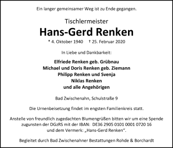 Traueranzeige von Hans-Gerd Renken von Nordwest-Zeitung