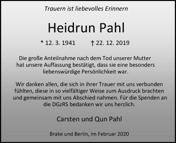 Traueranzeige von Heidrun Pahl von Nordwest-Zeitung