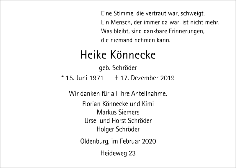  Traueranzeige für Heike Könnecke vom 08.02.2020 aus Nordwest-Zeitung