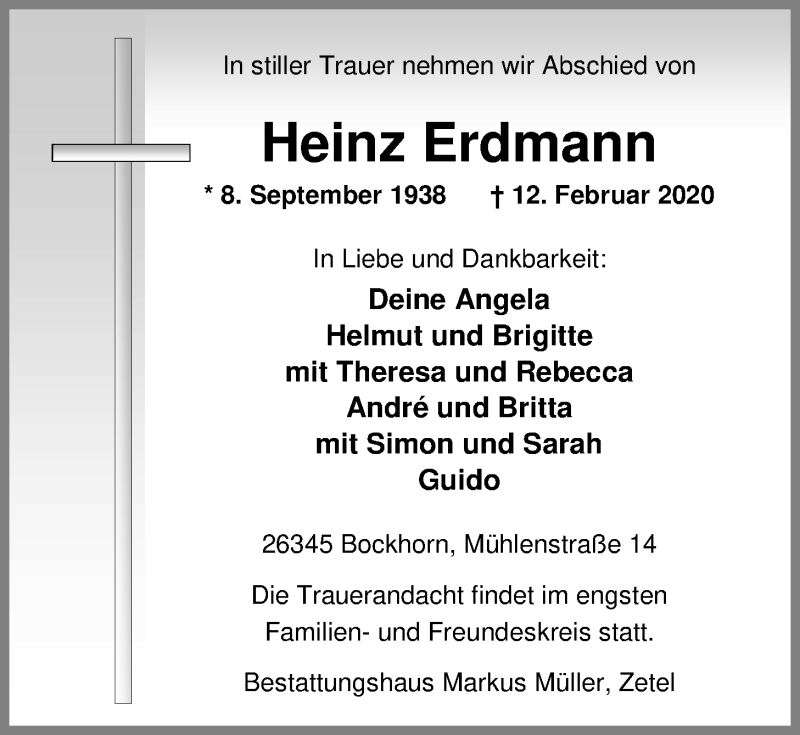  Traueranzeige für Heinz Erdmann vom 15.02.2020 aus Nordwest-Zeitung