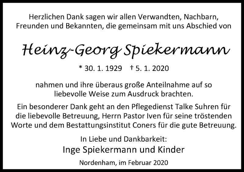  Traueranzeige für Heinz-Georg Spiekermann vom 21.02.2020 aus Nordwest-Zeitung