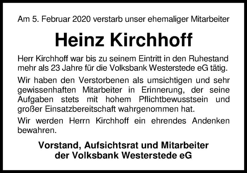  Traueranzeige für Heinz Kirchhoff vom 14.02.2020 aus Nordwest-Zeitung
