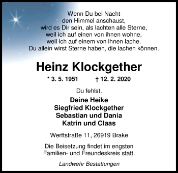 Traueranzeige von Heinz Klockgether von Nordwest-Zeitung