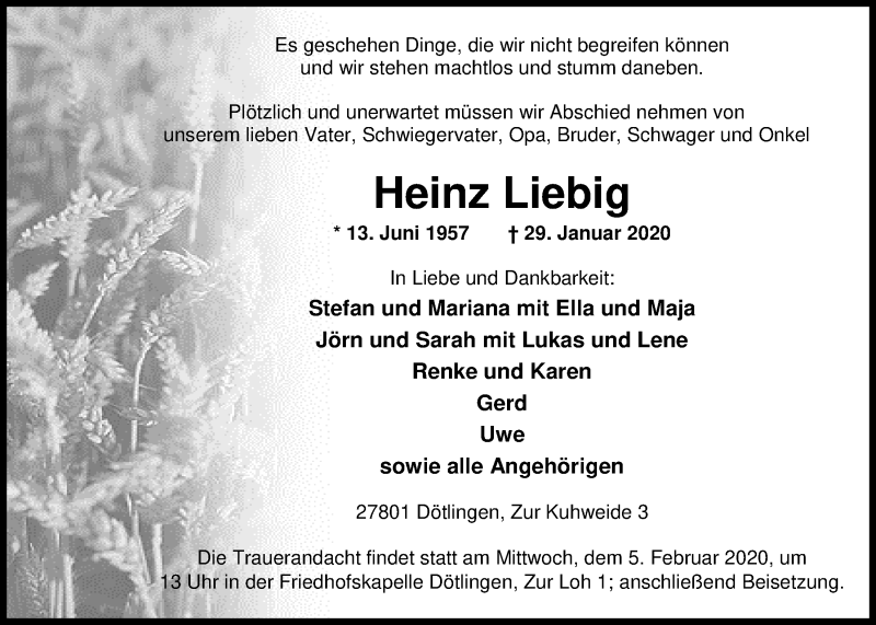  Traueranzeige für Heinz Liebig vom 01.02.2020 aus Nordwest-Zeitung