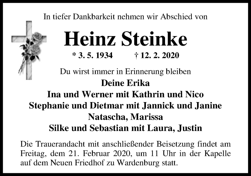  Traueranzeige für Heinz Steinke vom 17.02.2020 aus Nordwest-Zeitung