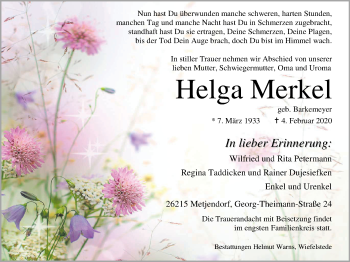 Traueranzeige von Helga Merkel von Nordwest-Zeitung
