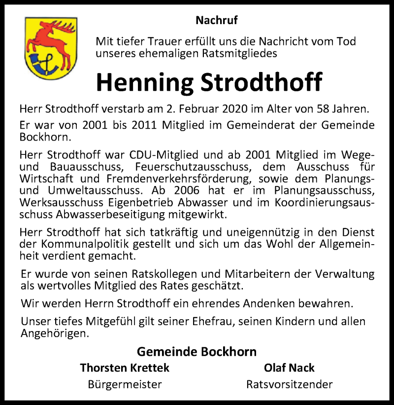  Traueranzeige für Henning Strodthoff vom 06.02.2020 aus Nordwest-Zeitung