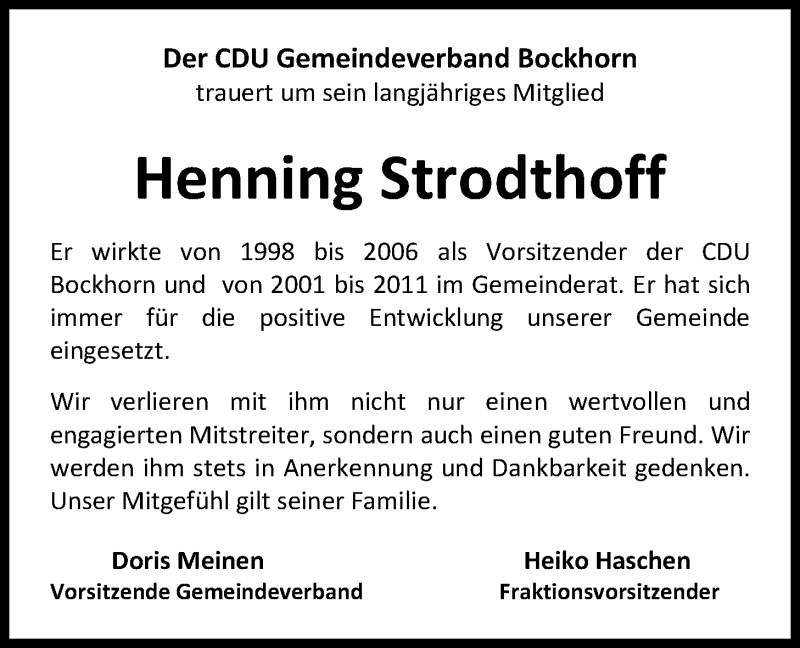  Traueranzeige für Henning Strodthoff vom 06.02.2020 aus Nordwest-Zeitung