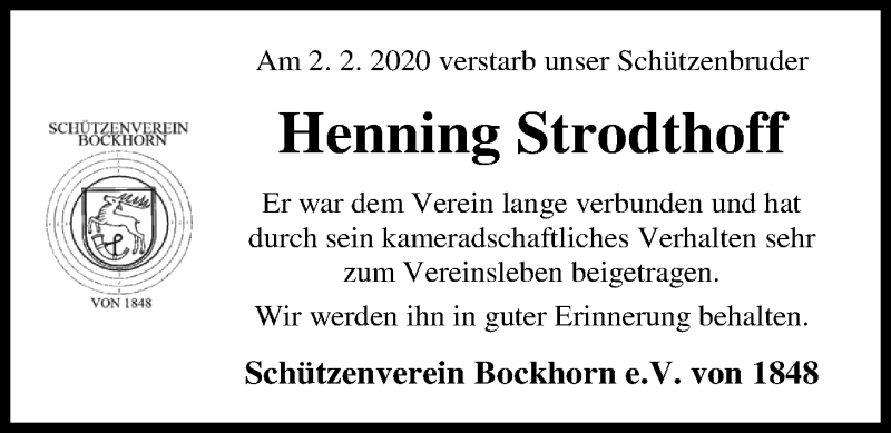  Traueranzeige für Henning Strodthoff vom 05.02.2020 aus Nordwest-Zeitung